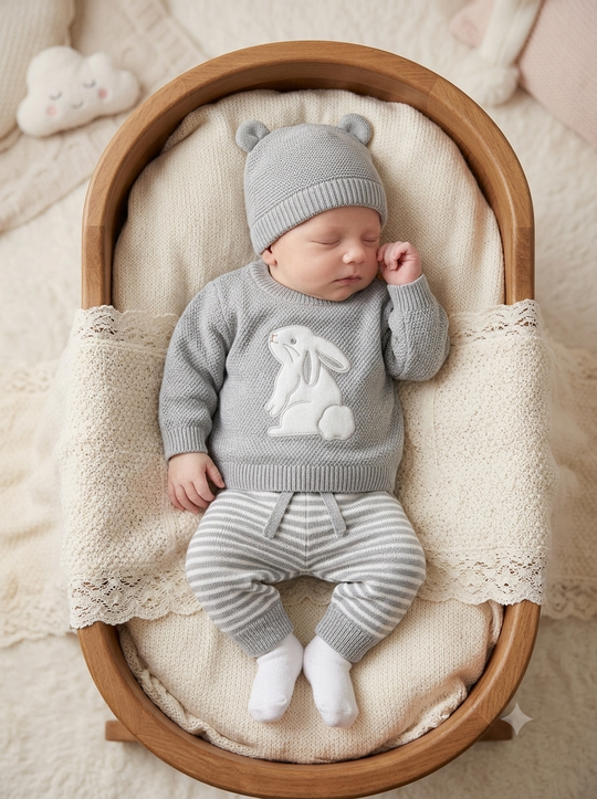 Set Primera Muda Bebé Blanco – Diseño Conejo en Hilo