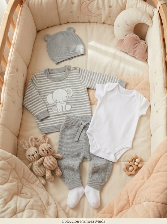 Set Primera Muda Premium Tejido en Hilo - Colección Elefante Gris Bebé