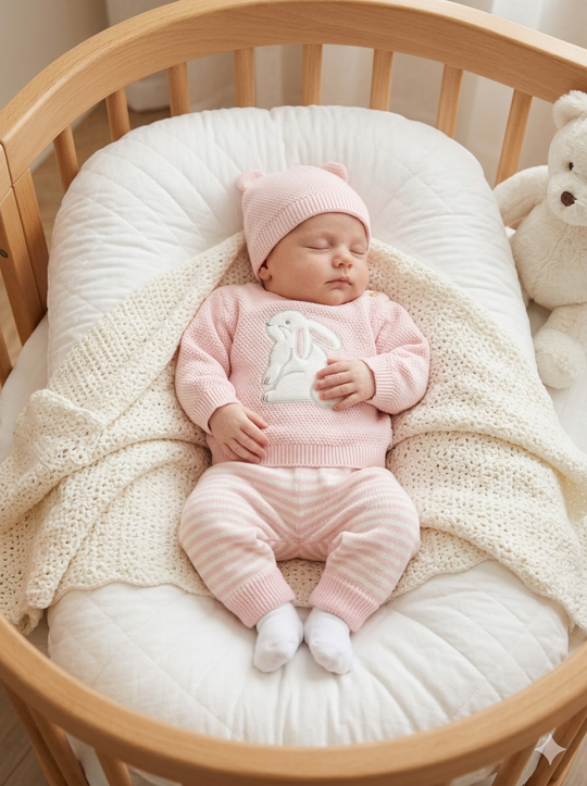 Set Primera Muda para Bebé en Hilo Premium – Rosa Pastel y Blanco Conejito