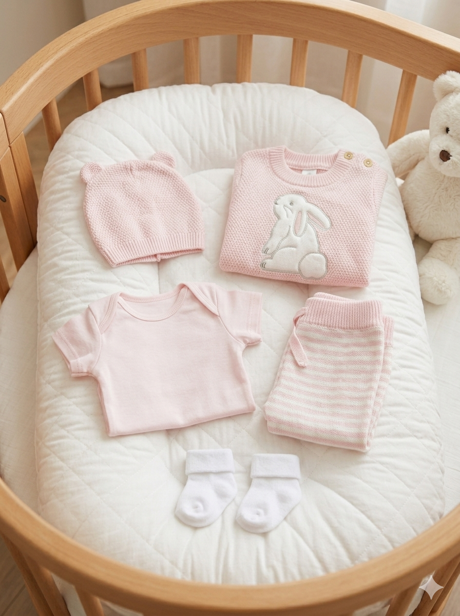 Set Primera Muda para Bebé en Hilo Premium – Rosa Pastel y Blanco Conejito