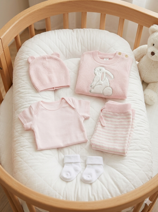 Set Primera Muda para Bebé en Hilo Premium – Rosa Pastel y Blanco Conejito