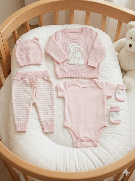 Set Primera Muda para Bebé en Hilo Premium – Rosa Pastel y Blanco Conejito