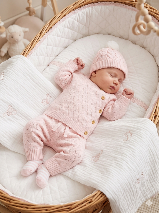 Set Primera Muda para Bebé en Hilo Tejido Premium – Rosado Unicolor