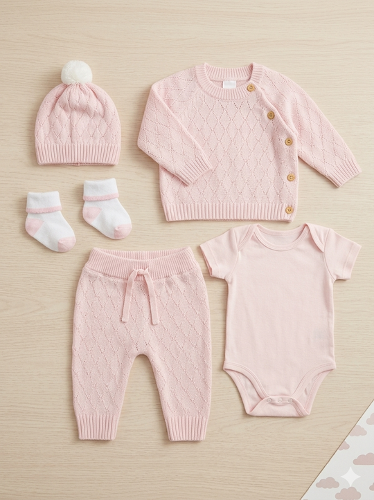 Set Primera Muda para Bebé en Hilo Tejido Premium – Rosado Unicolor