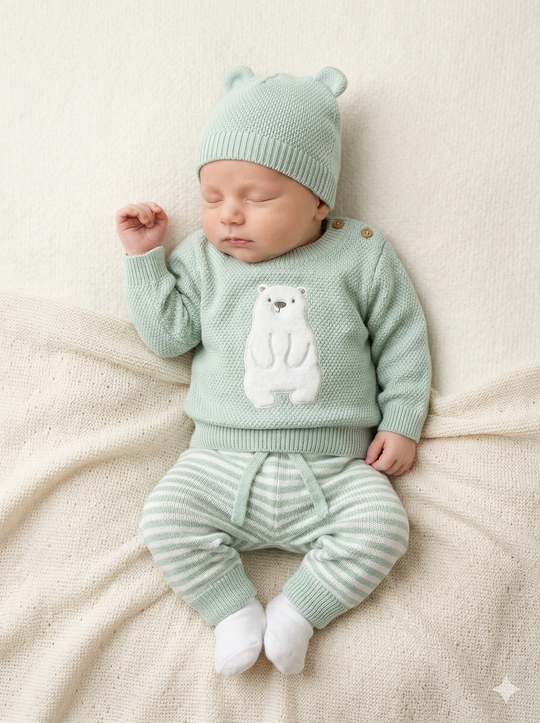 Set Primera Muda Bebé Verde Menta – Diseño Osito Polar en Hilo