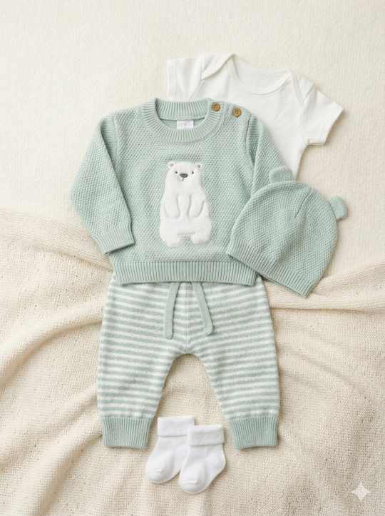 Set Primera Muda Bebé Verde Menta – Diseño Osito Polar en Hilo