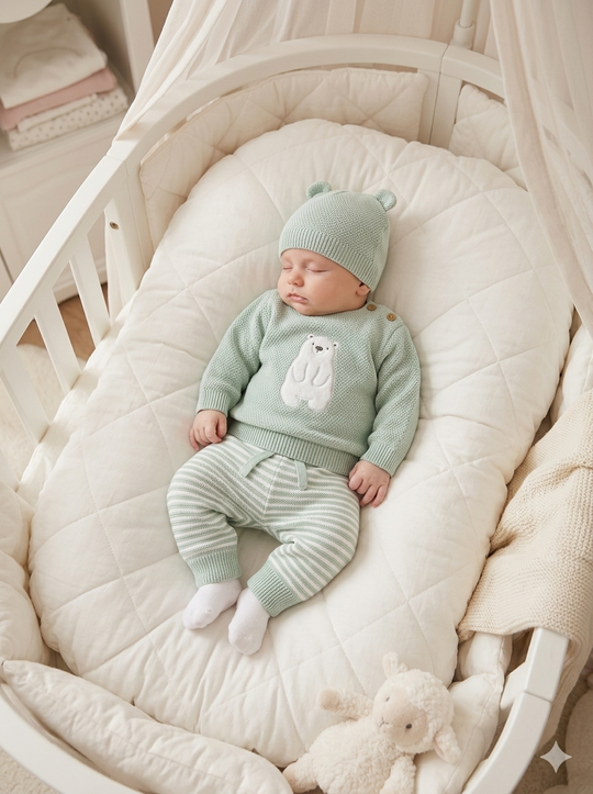 Set Primera Muda Bebé Verde Menta – Diseño Osito Polar en Hilo
