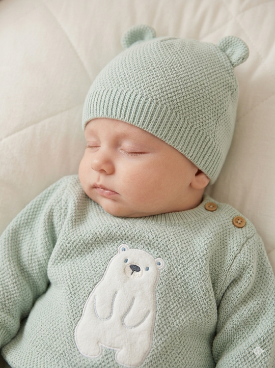 Set Primera Muda Bebé Verde Menta – Diseño Osito Polar en Hilo