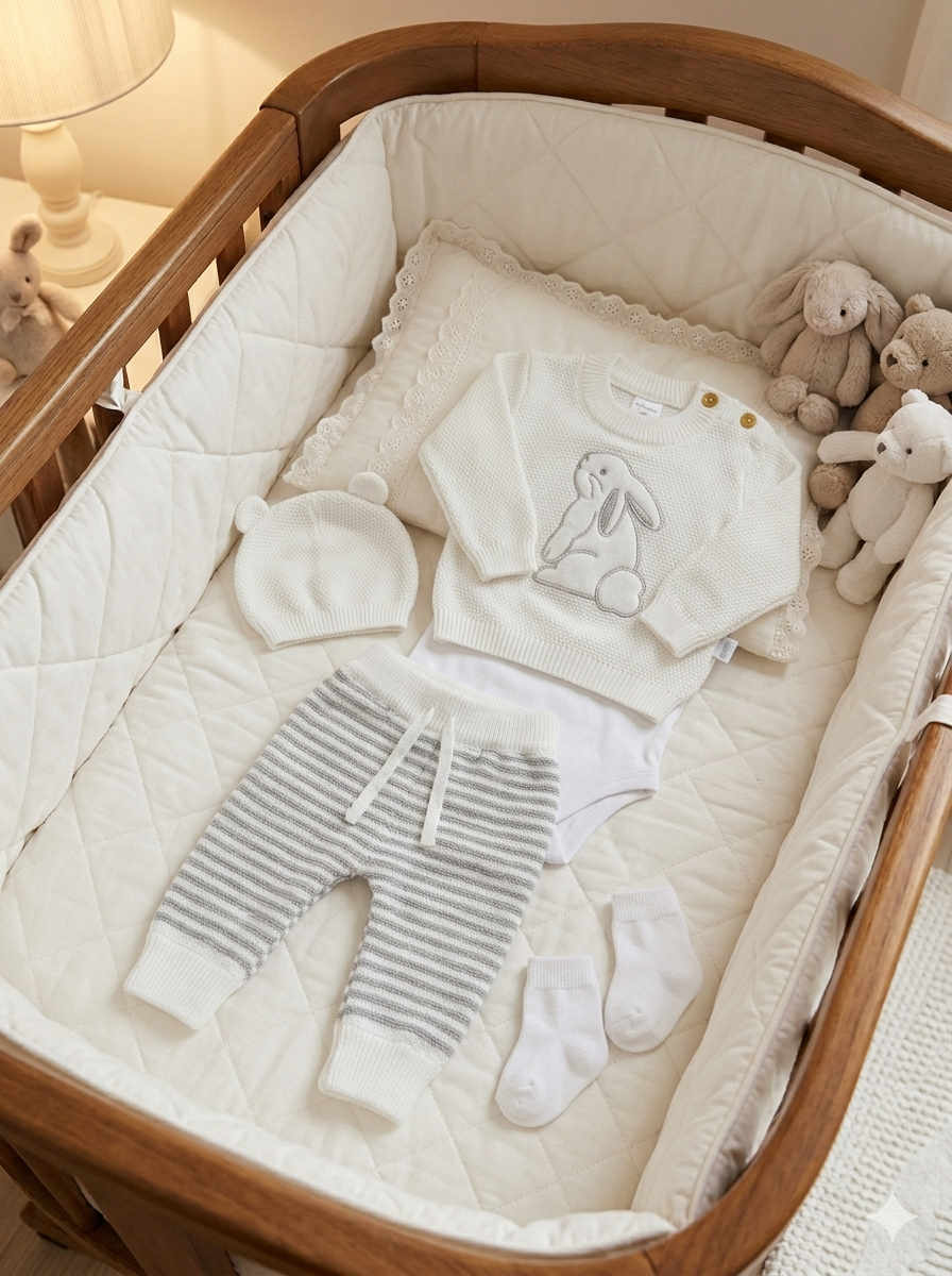 Set Primera Muda Bebé Blanco – Diseño Conejo en Hilo
