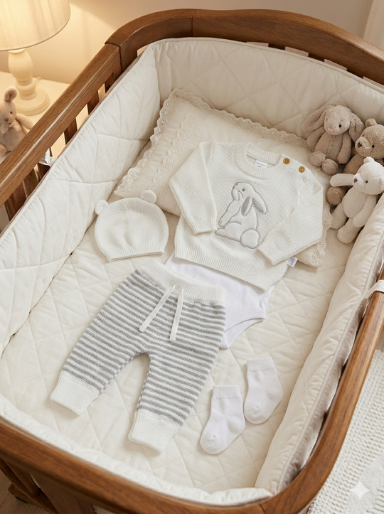 Set Primera Muda Bebé Blanco – Diseño Conejo en Hilo