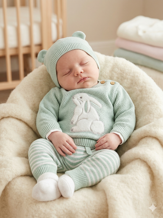 Set Primera Muda Bebé Verde Menta – Diseño Conejo en Hilo
