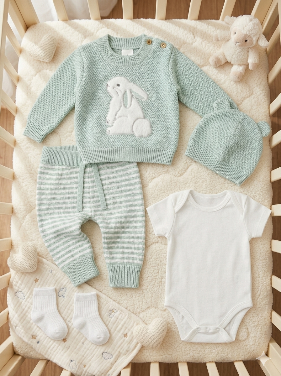 Set Primera Muda Bebé Verde Menta – Diseño Conejo en Hilo