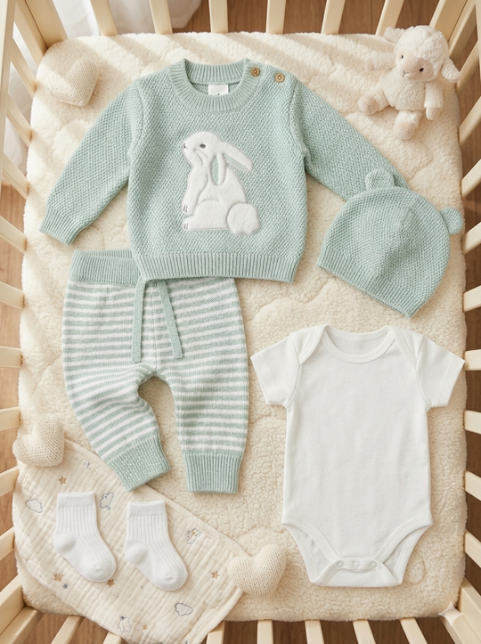 Set Primera Muda Bebé Verde Menta – Diseño Conejo en Hilo