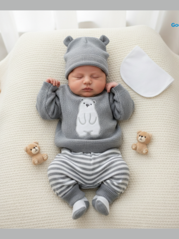 Set Primera Muda para Bebé Niña – Diseño Oso Gris en Hilo de Algodón