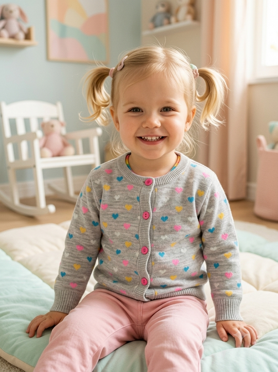 Saco Cárdigan Tejido en Hilo para Niña "Corazones Multicolor"