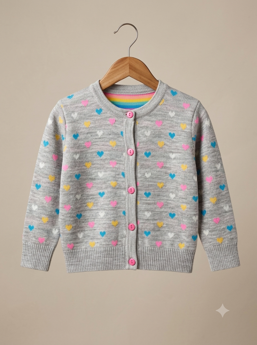 Saco Cárdigan Tejido en Hilo para Niña "Corazones Multicolor"