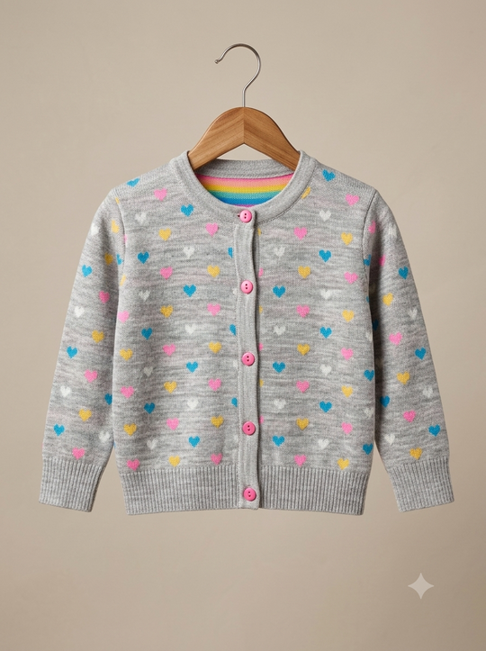 Saco Cárdigan Tejido en Hilo para Niña "Corazones Multicolor"