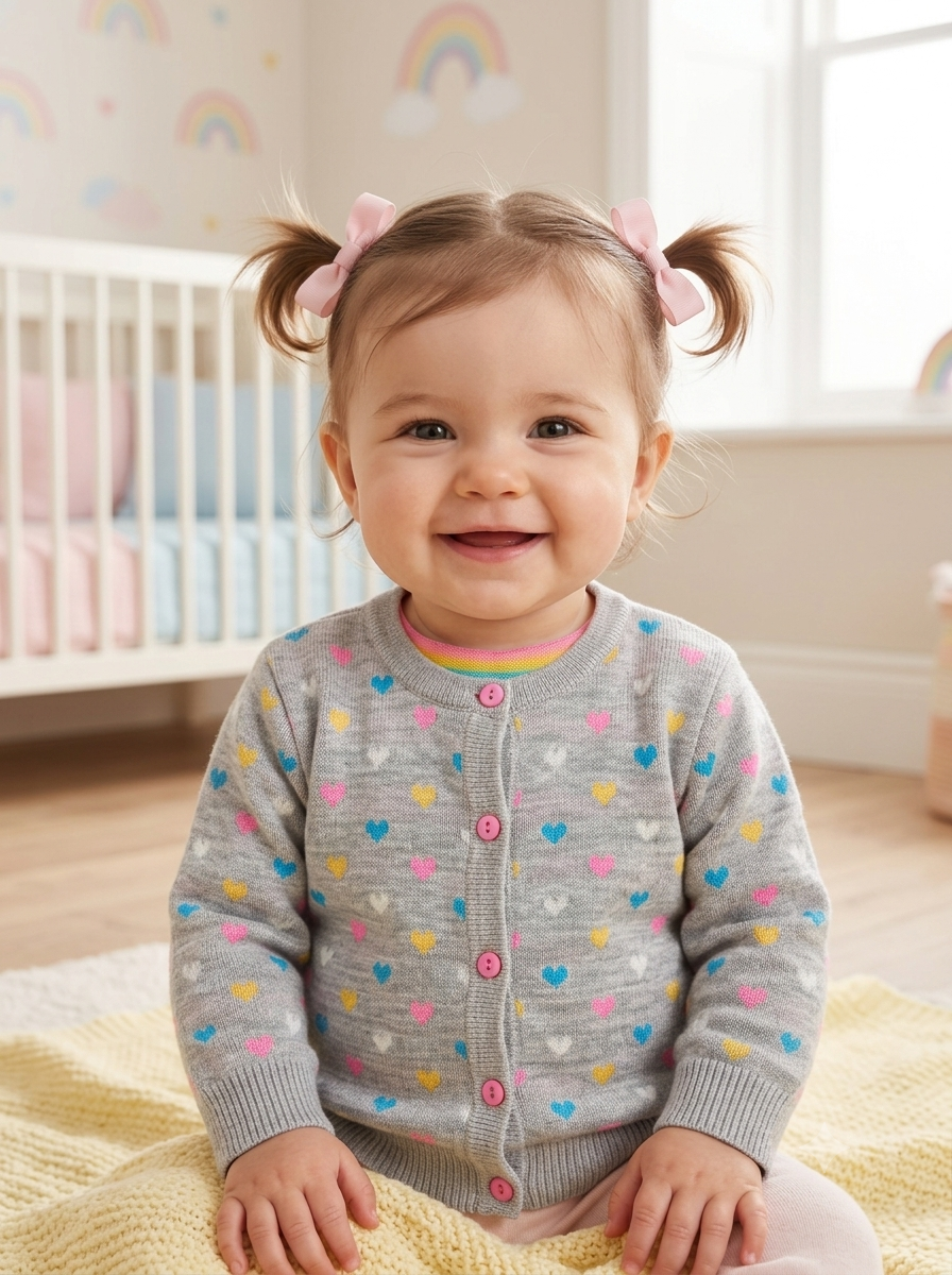 Saco Cárdigan Tejido en Hilo para Niña "Corazones Multicolor"
