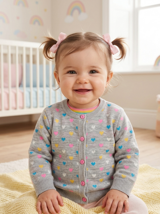 Saco Cárdigan Tejido en Hilo para Niña "Corazones Multicolor"