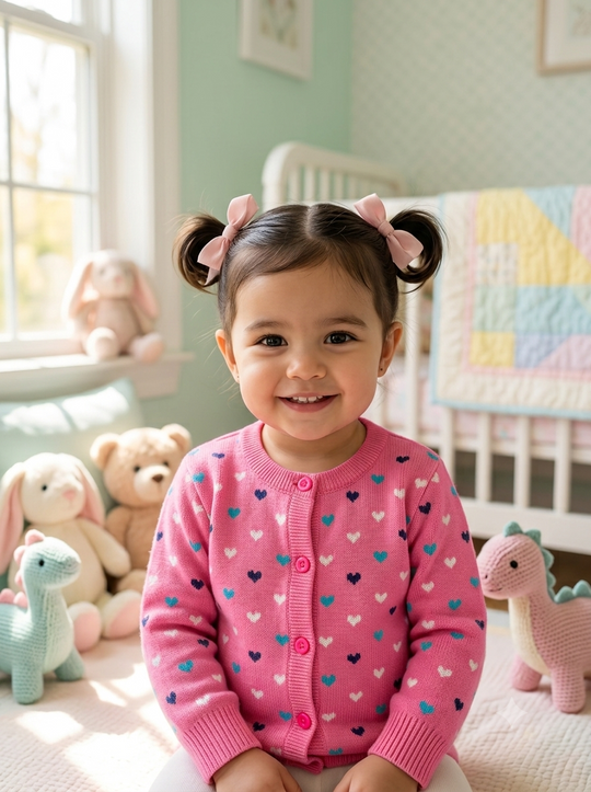 Saco Cárdigan Tejido en Hilo para Niña "Corazones Multicolor"