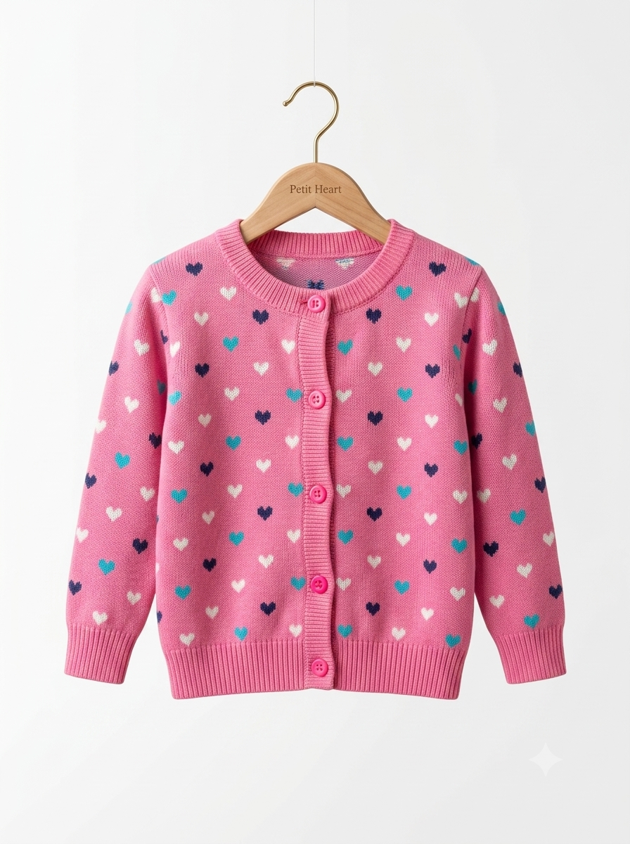Saco Cárdigan Tejido en Hilo para Niña "Corazones Multicolor"