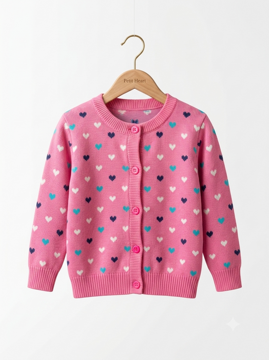 Saco Cárdigan Tejido en Hilo para Niña "Corazones Multicolor"