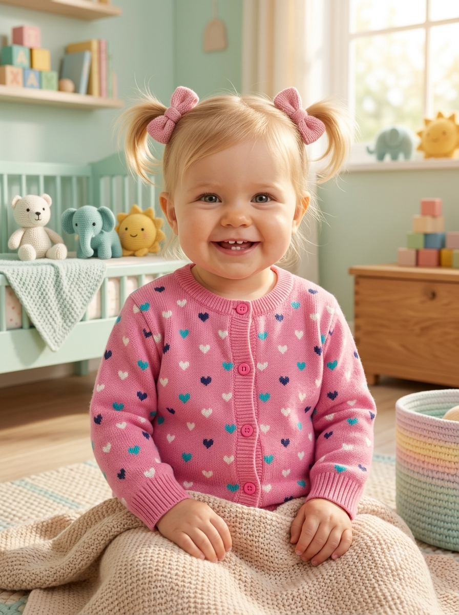 Saco Cárdigan Tejido en Hilo para Niña "Corazones Multicolor"