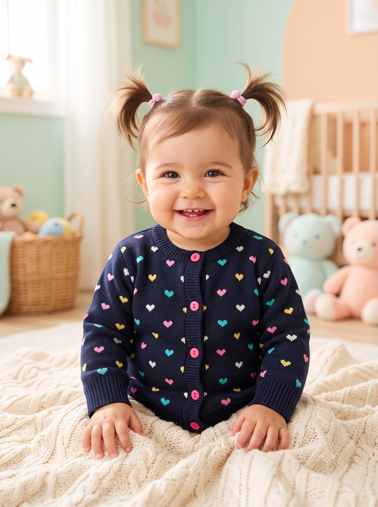 Saco Cárdigan Tejido en Hilo para Niña "Corazones Multicolor"