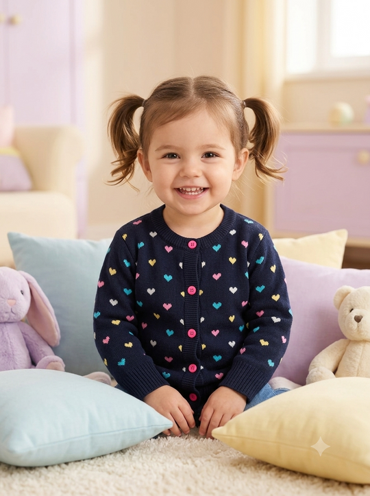 Saco Cárdigan Tejido en Hilo para Niña "Corazones Multicolor"