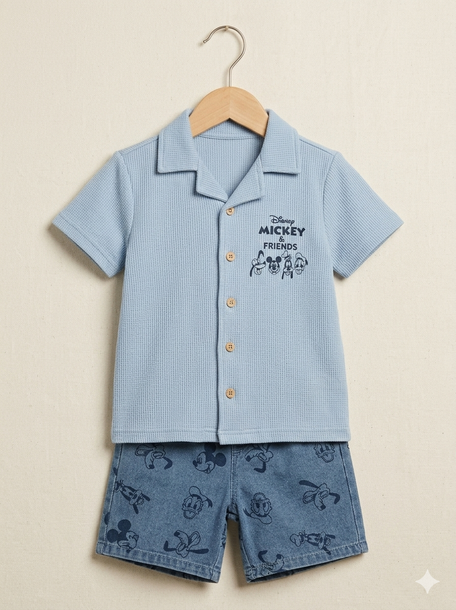Conjunto Disney Mickey & Friends: Camisa tipo Polo y Short en Denim Estampado