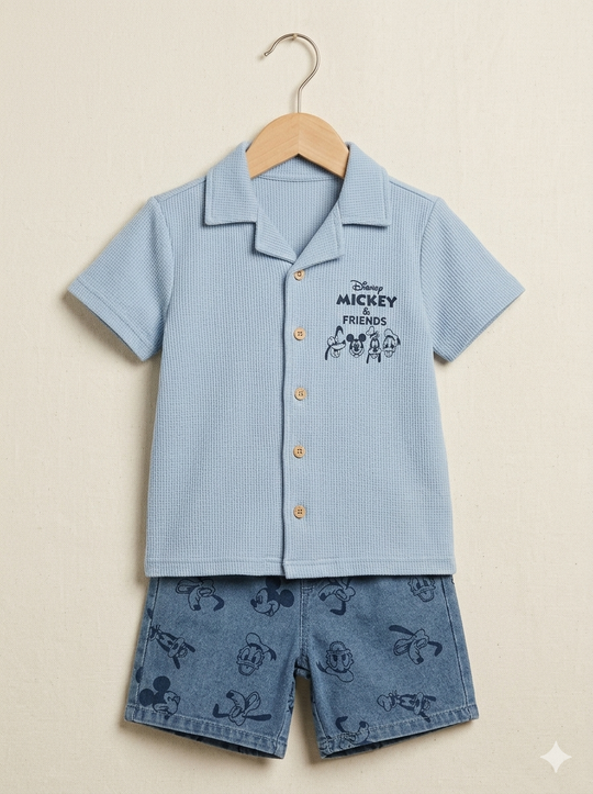Conjunto Disney Mickey & Friends: Camisa tipo Polo y Short en Denim Estampado