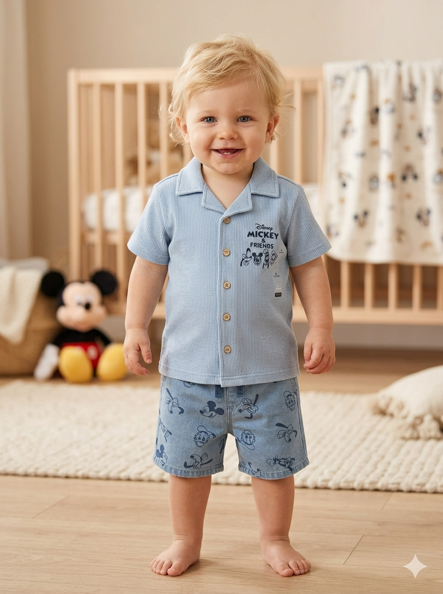 Conjunto Disney Mickey & Friends: Camisa tipo Polo y Short en Denim Estampado