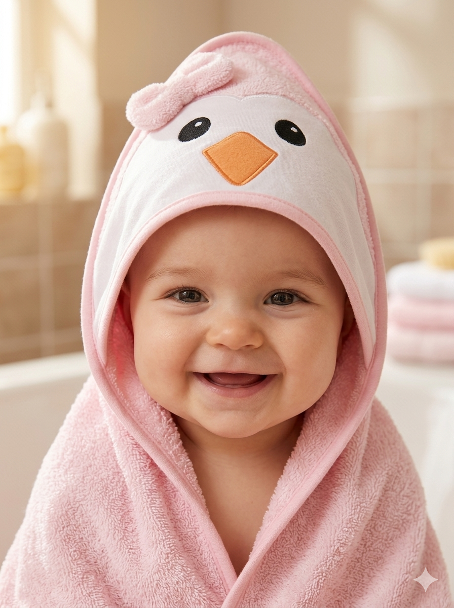 Toalla con Capucha de Pingüina Rosa para Bebé - 100% Algodón