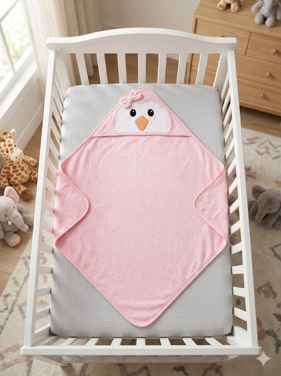 Toalla con Capucha de Pingüina Rosa para Bebé - 100% Algodón