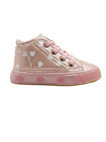 Tenis Caminantes para Niña - Rosado Metalizado con Corazones (Suela Flexible)