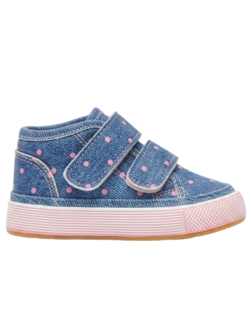 Tenis Caminantes para Niña – Denim con Doble Velcro y Puntos Rosa (Suela Flexible)
