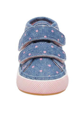 Tenis Caminantes para Niña – Denim con Doble Velcro y Puntos Rosa (Suela Flexible)