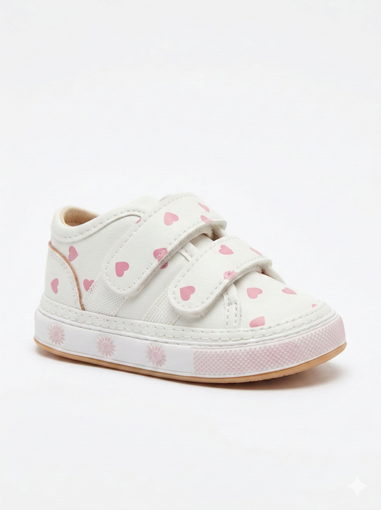 Tenis Blancos con Corazones Rosas y Velcros - Estilo y Comodidad (Suela Flexible)