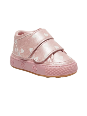 Tenis Caminantes para Niña - Rosado Metalizado  Corazones y Velcro (Suela Flexible)