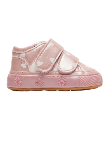 Tenis Caminantes para Niña - Rosado Metalizado  Corazones y Velcro (Suela Flexible)