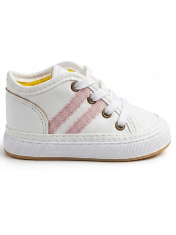 Tenis Caminantes para Niña – Blanco Puro con Franjas Rosa (Suela Flexible)