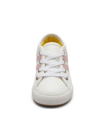 Tenis Caminantes para Niña – Blanco Puro con Franjas Rosa (Suela Flexible)