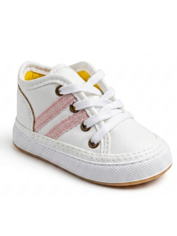 Tenis Caminantes para Niña – Blanco Puro con Franjas Rosa (Suela Flexible)
