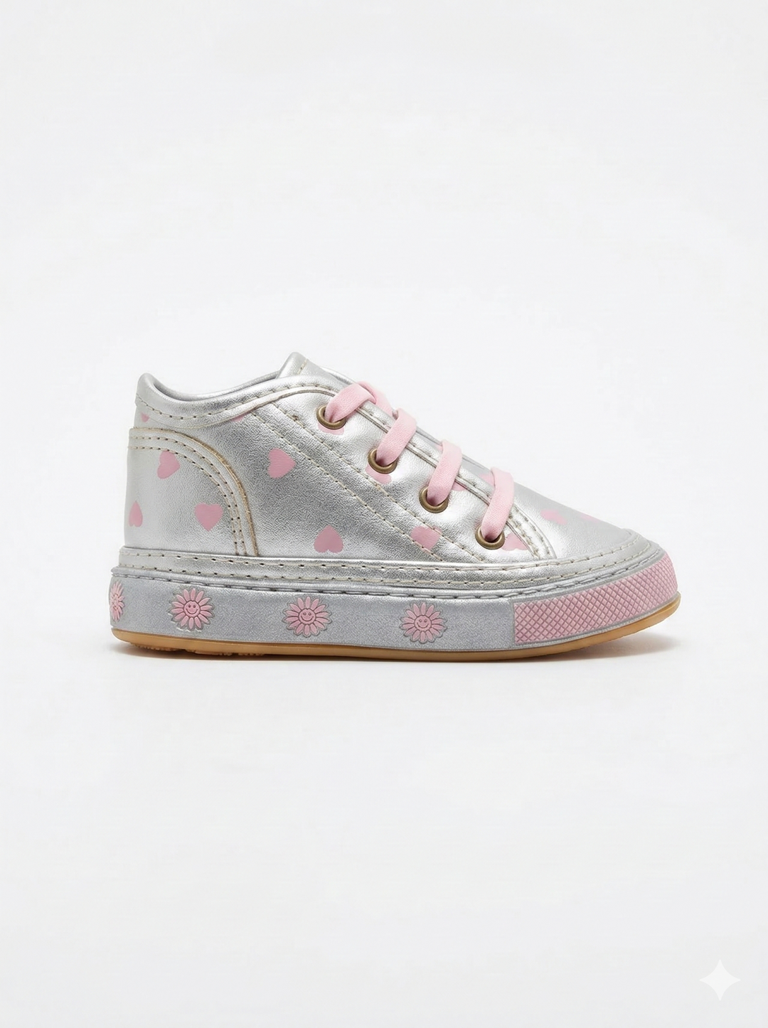 Tenis para Niña – Plateadas con Estampado de Corazones Rosas (Suela Flexible)