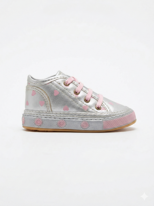 Tenis para Niña – Plateadas con Estampado de Corazones Rosas (Suela Flexible)