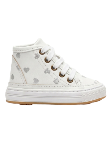 Tenis Caminantes para Niña "Dulce Corazón"– Blanco con Detalles Plateados (Suela Flexible)