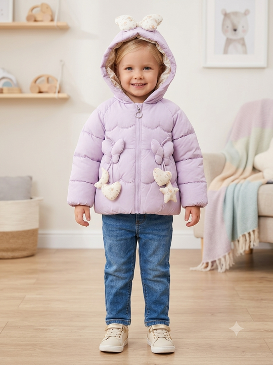Chaqueta Acolchada Importada Térmica para niña "Moño & Estrellas 3D"