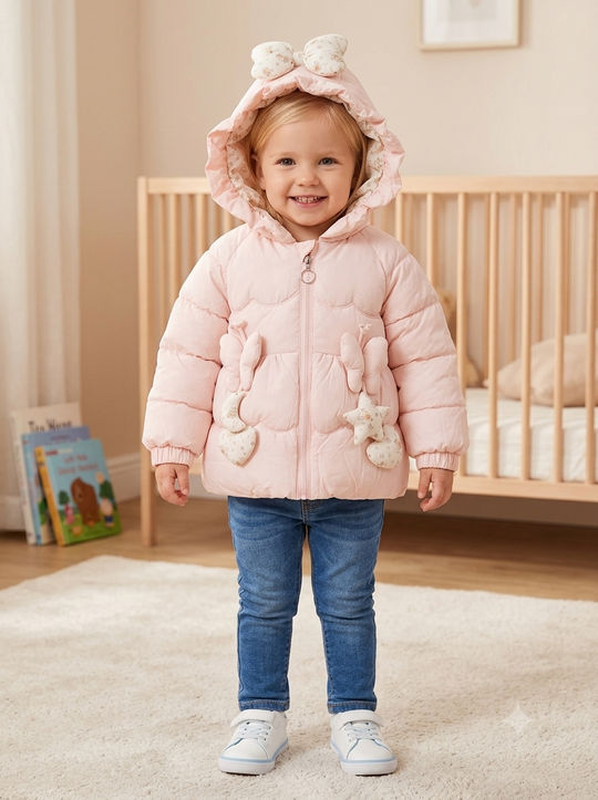 Chaqueta Acolchada Importada Térmica para niña "Moño & Estrellas 3D"