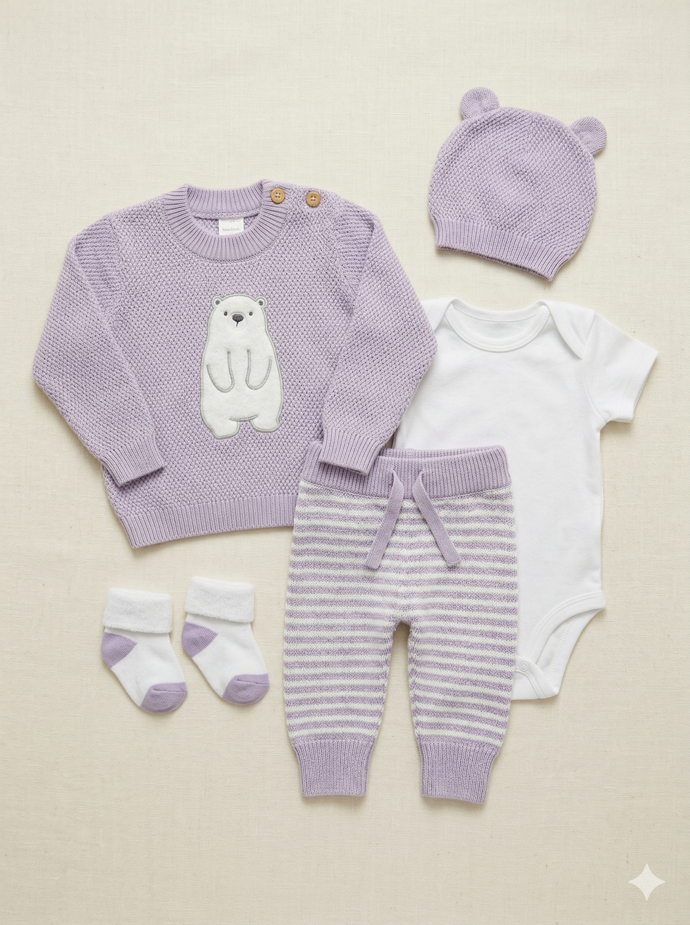 Set Primera Muda para Bebé Niña – Diseño Oso Lila en Hilo de Algodón