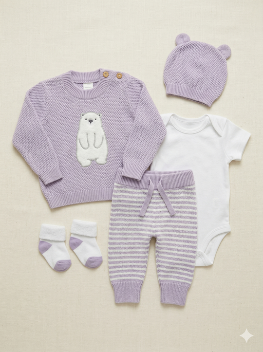 Set Primera Muda para Bebé Niña – Diseño Oso Lila en Hilo de Algodón